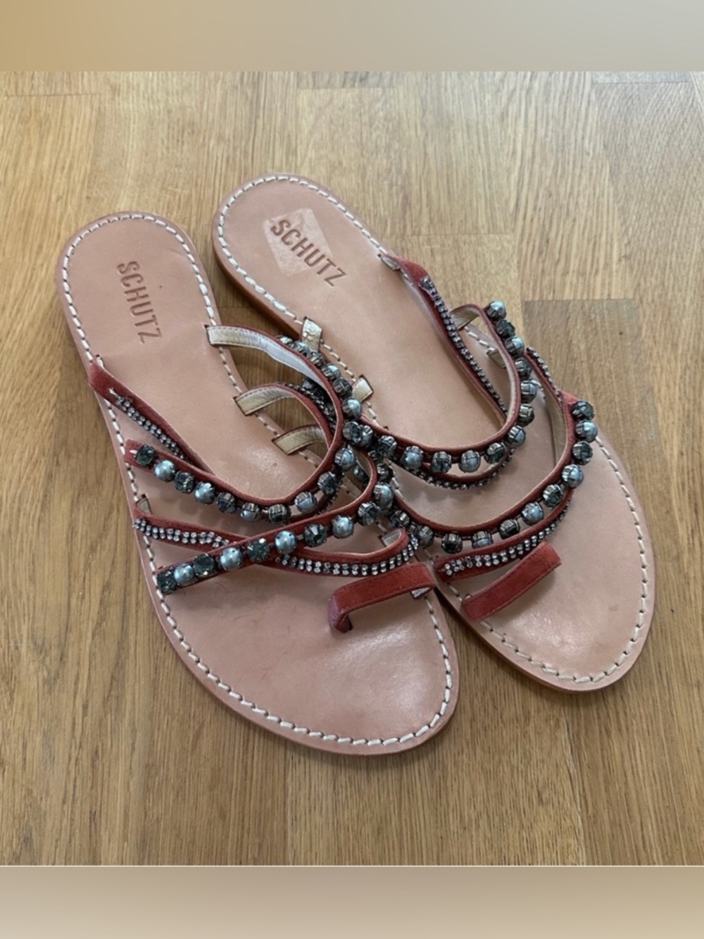 Schutz 10 Meela Leather Embellished Toe Loop Slip on Sandals